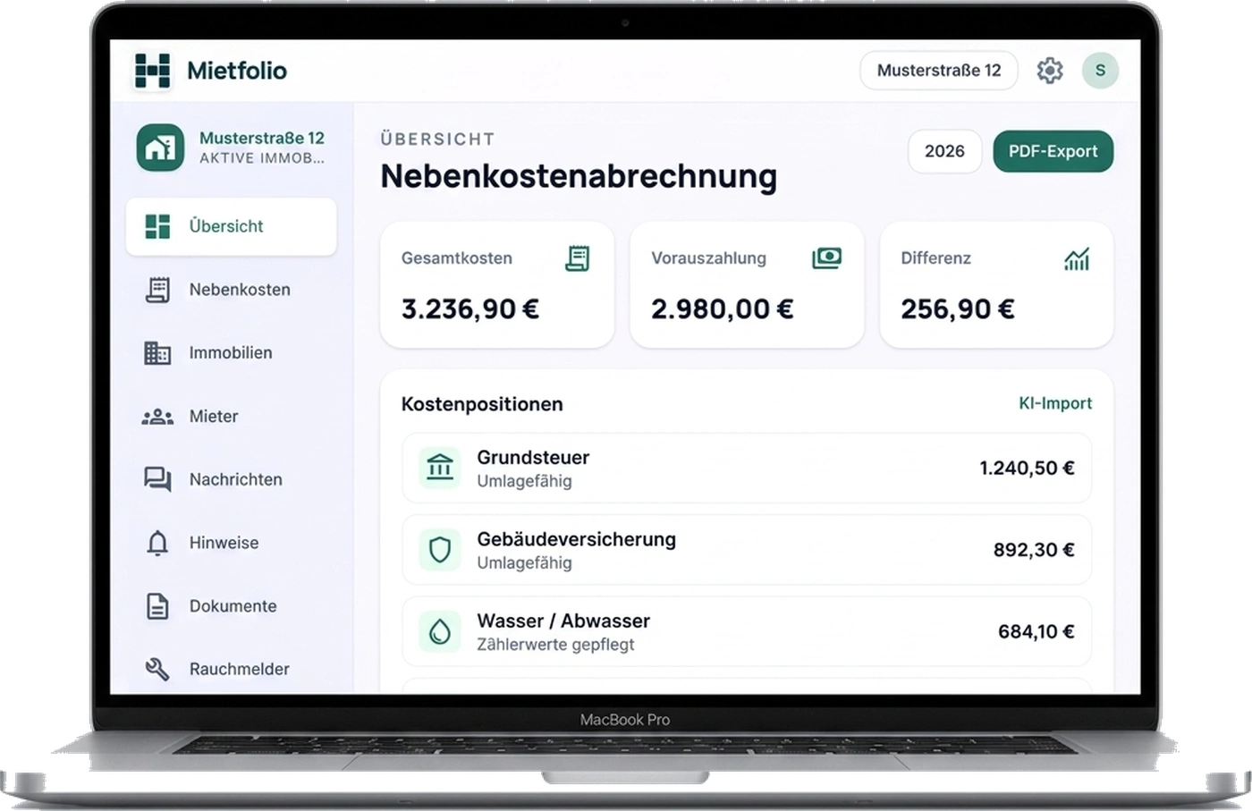 Mietfolio-App: Dashboard-Ansicht für private Vermieter